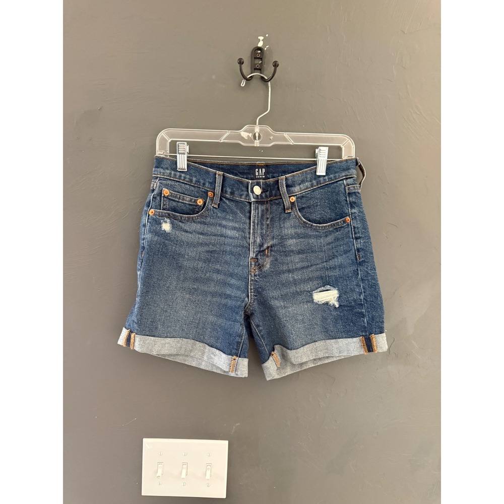 Gap Denim Womens 26 Medium Wash Cuffed Distressed Jean Shorts‎ Mid Rise Blue